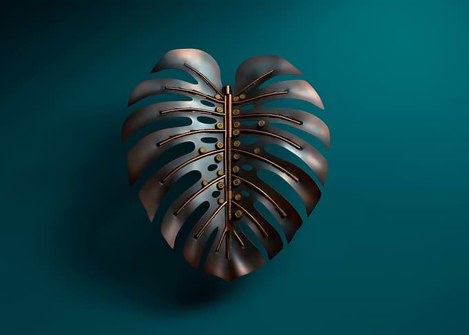 Steampunk Monstera Leaf on Teal Background