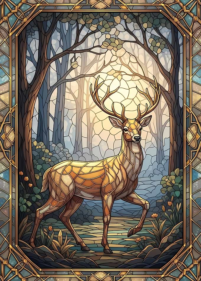 Stained Glass Deer in Forest