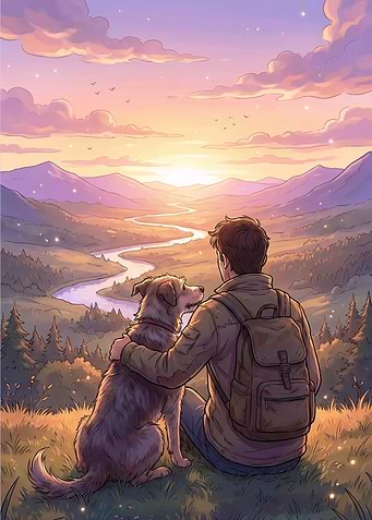 Man and Dog Overlooking Mountain Landscape
