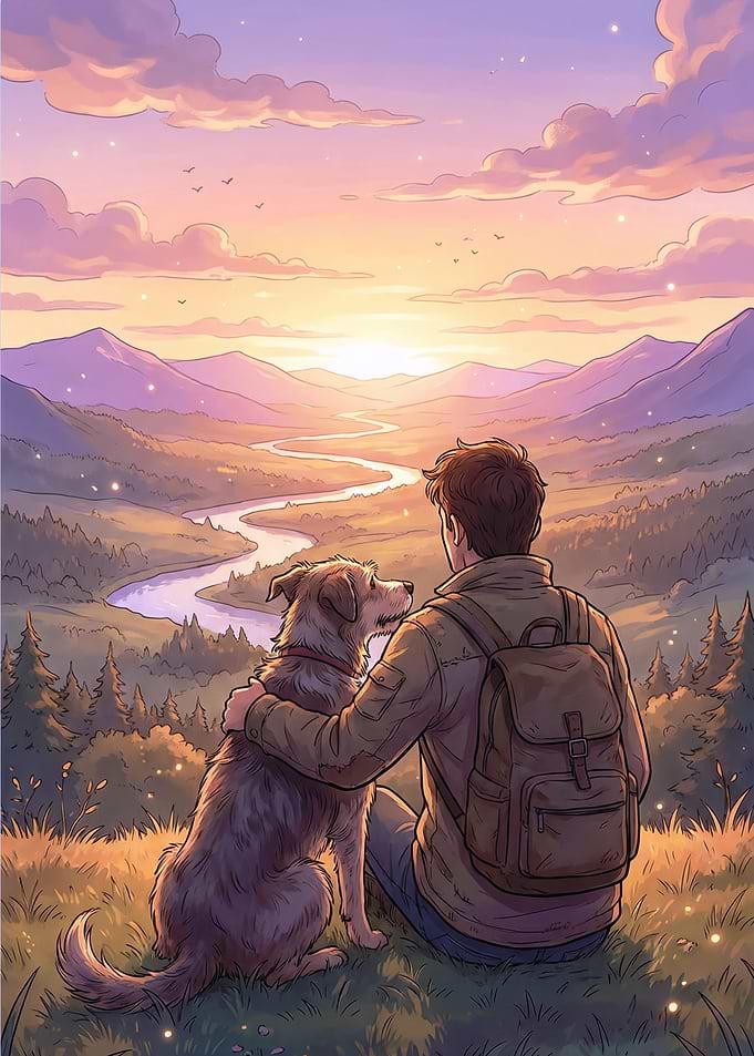 Man and Dog Overlooking Mountain Landscape