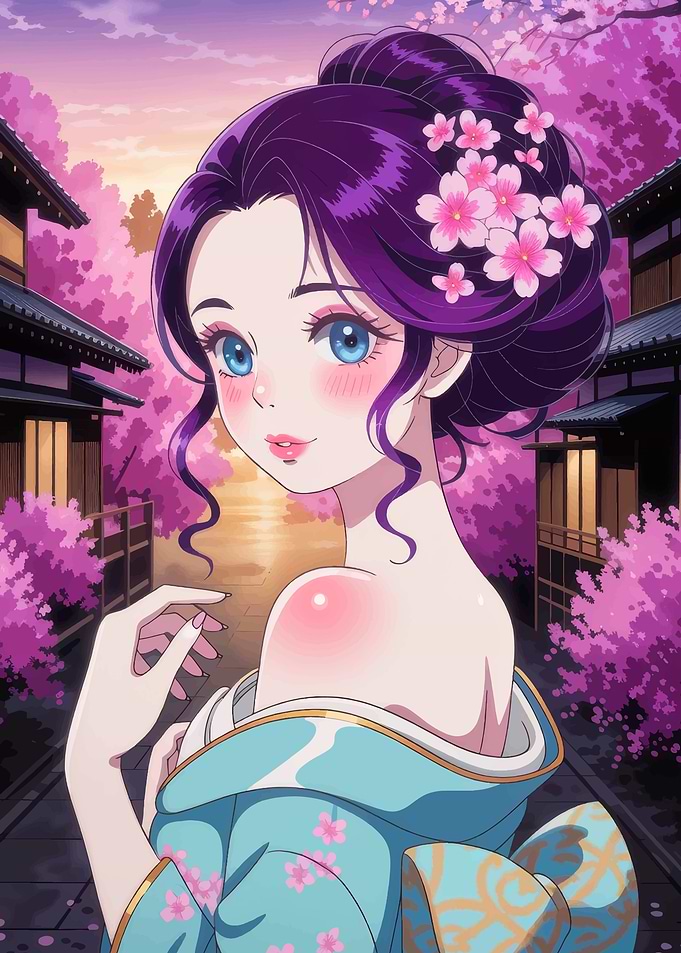 Anime Girl in Kimono with Cherry Blossoms