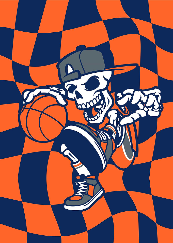 Skeleton Basketball Player with Checkered Background