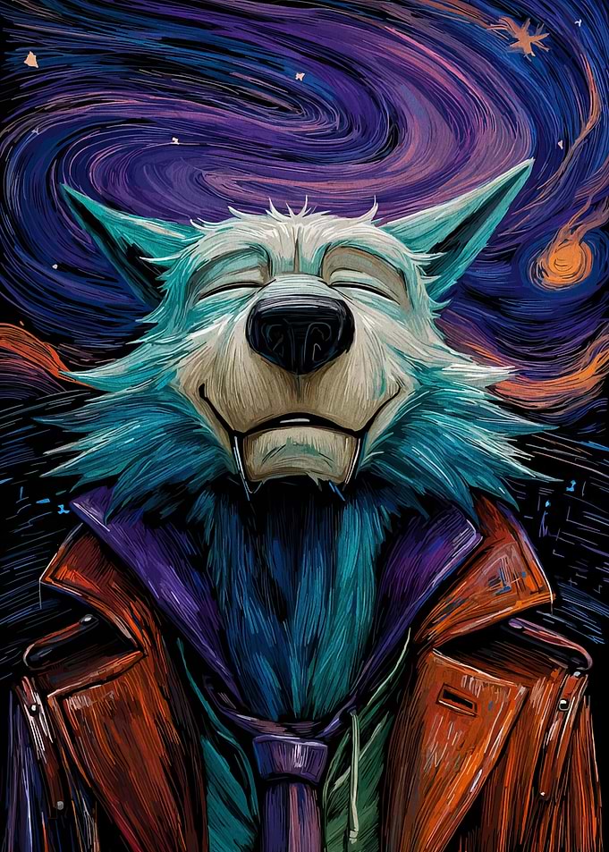 Smiling Wolf in Jacket Under Galaxy