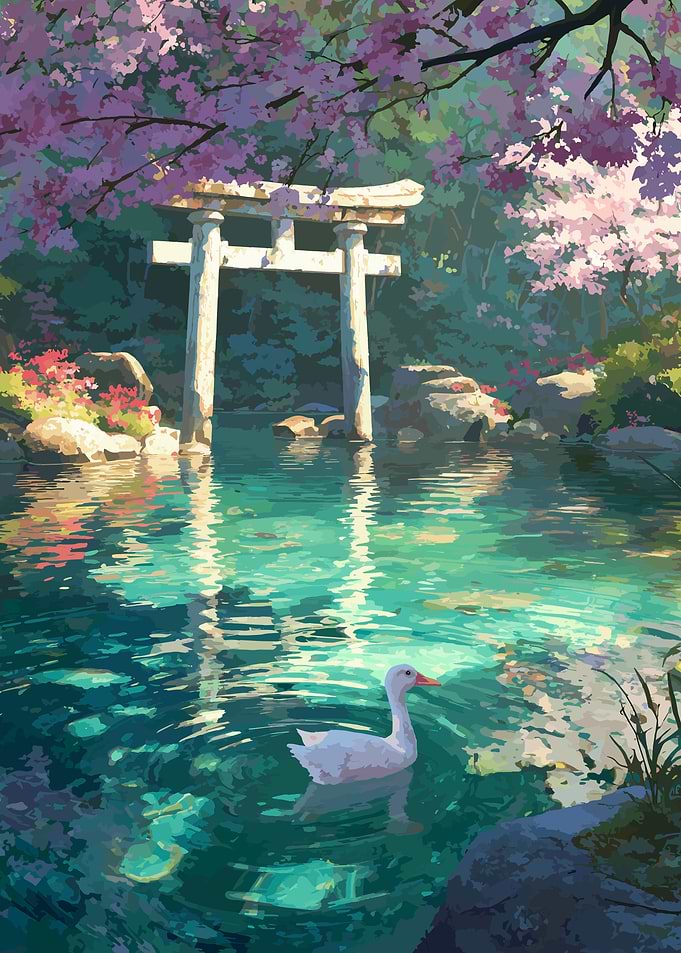 Duck at Torii Pond Cherry Blossom