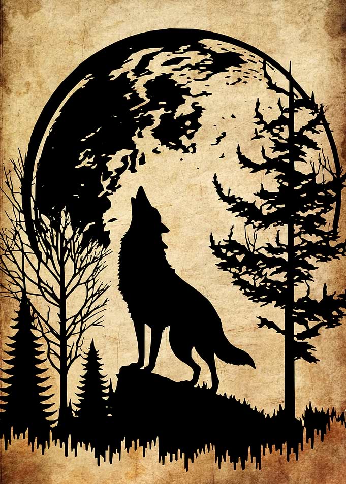 Wolf Howling at the Moon Silhouette