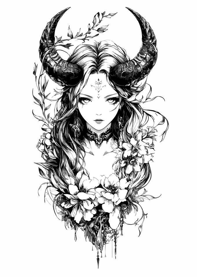 Horned Woman with Floral Adornments