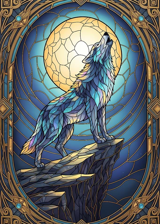 Stained Glass Wolf Howling at Moon