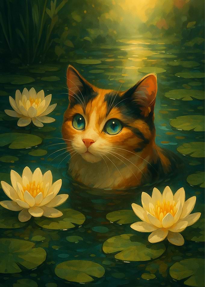 Dreamy Black Cat in Lotus Pond
