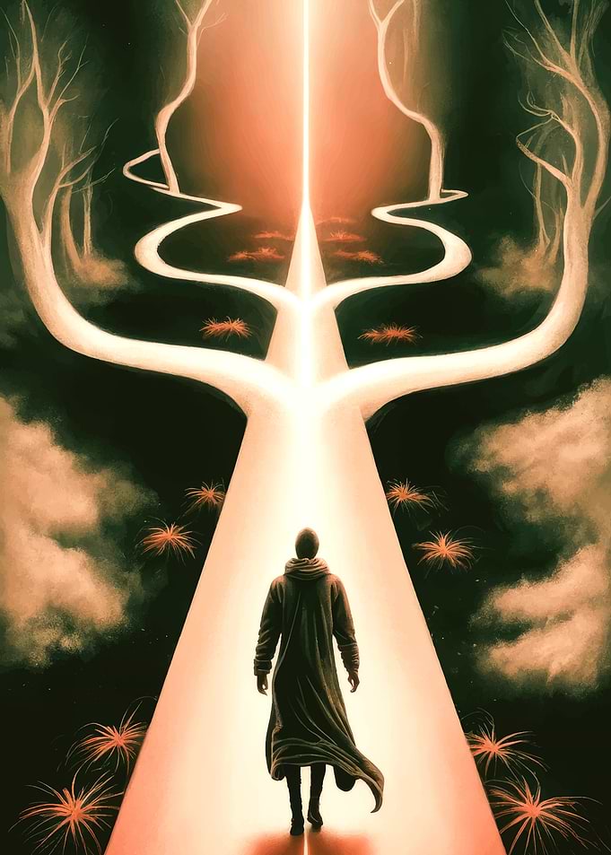 Man Walking Towards Lighted Path