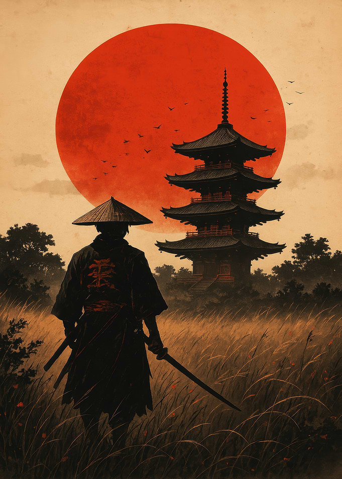 Samurai with Temple and Rising Sun