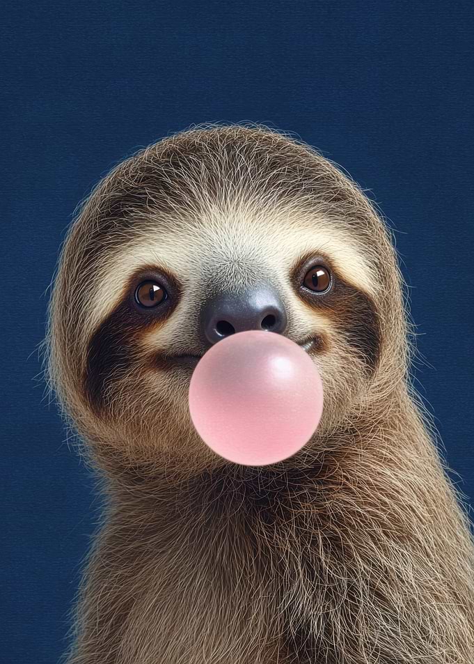 Sloth blowing bubble gum, funny animal