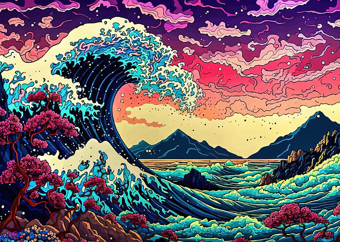 Stylized Ocean Wave Cherry Blossoms
