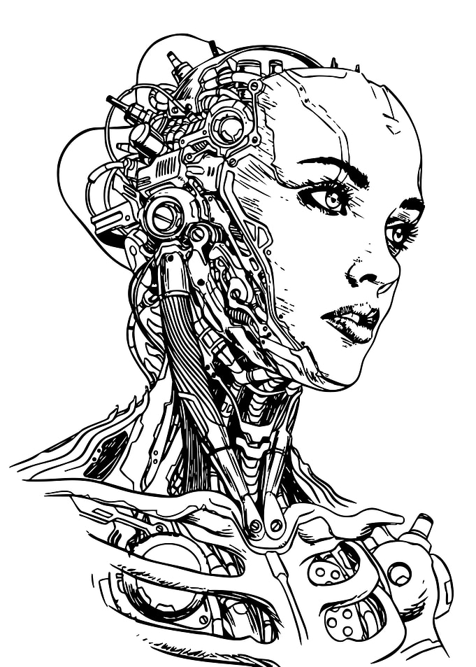 Cyborg Woman Black and White Illustration