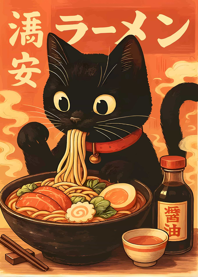 Black Cat Eating Ramen