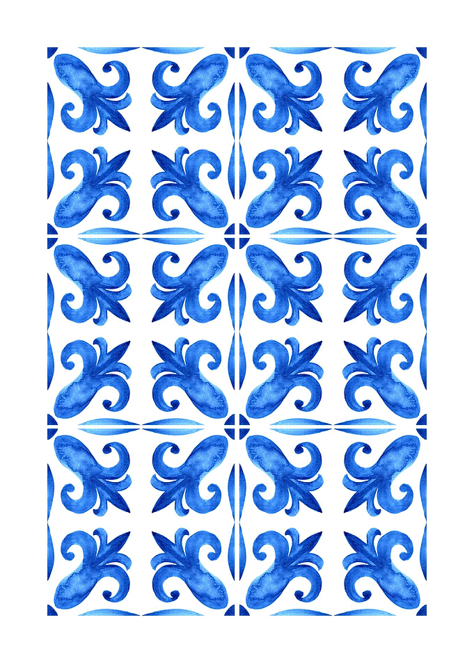 Blue Floral Tile Pattern Watercolor
