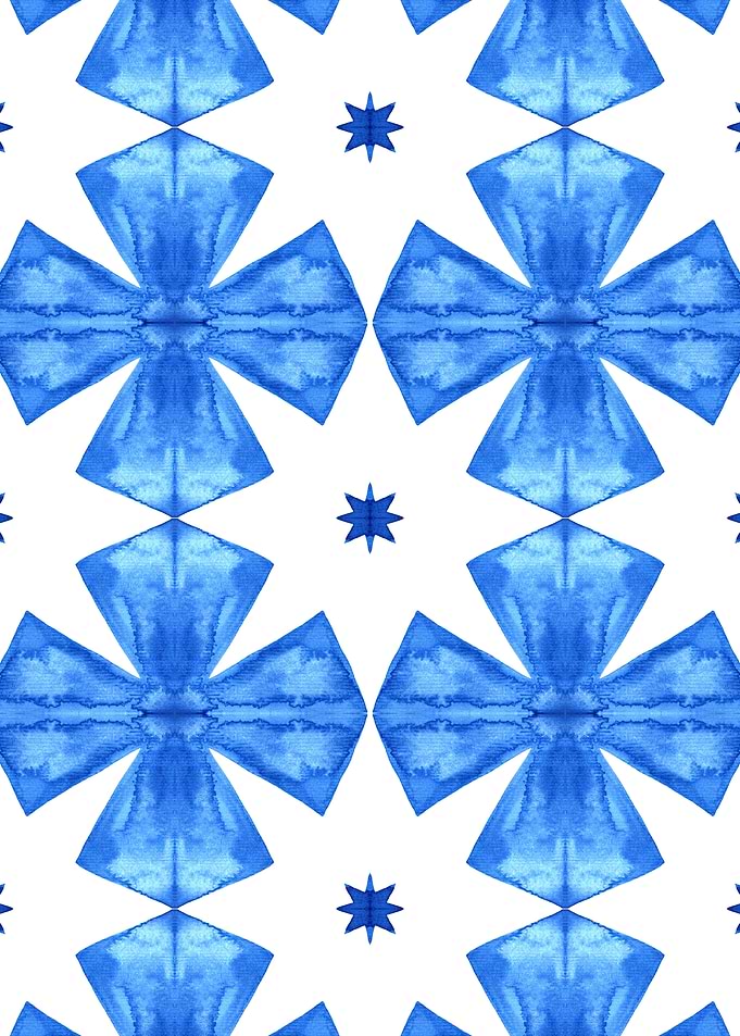 Blue Watercolor Floral Star Pattern