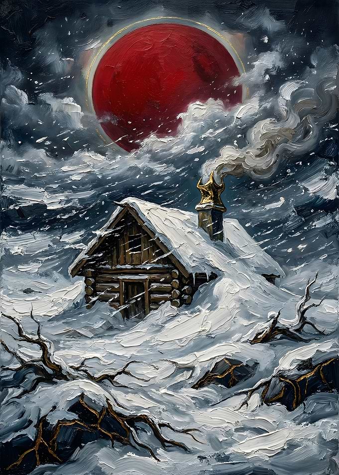 Impasto Snow Log Cabin Storm
