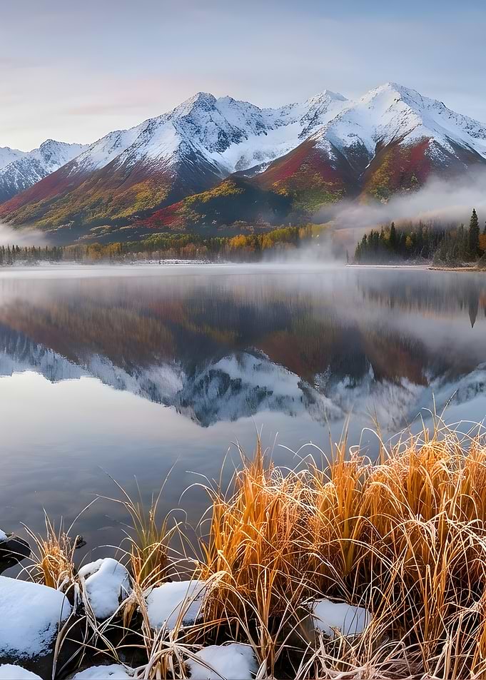 Snowy Mountains Reflecting in Lake