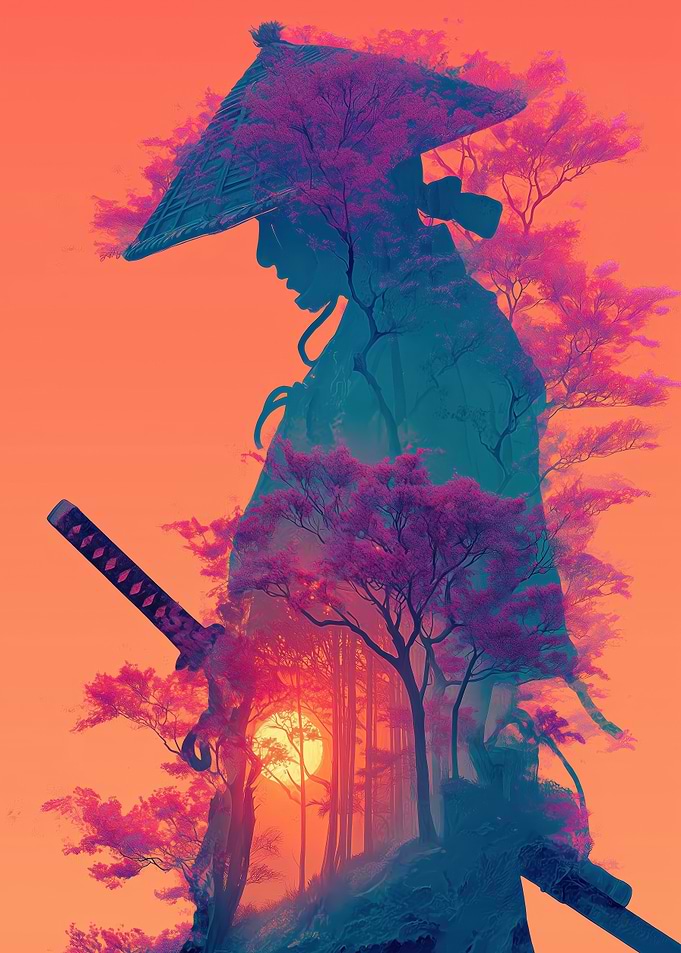 Samurai with Cherry Blossoms and Sunset