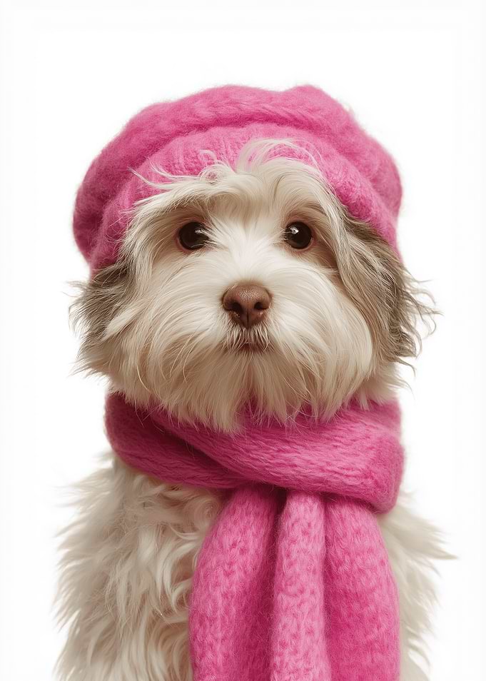 Cozy Havanese dog with Pink Hat and Scarf