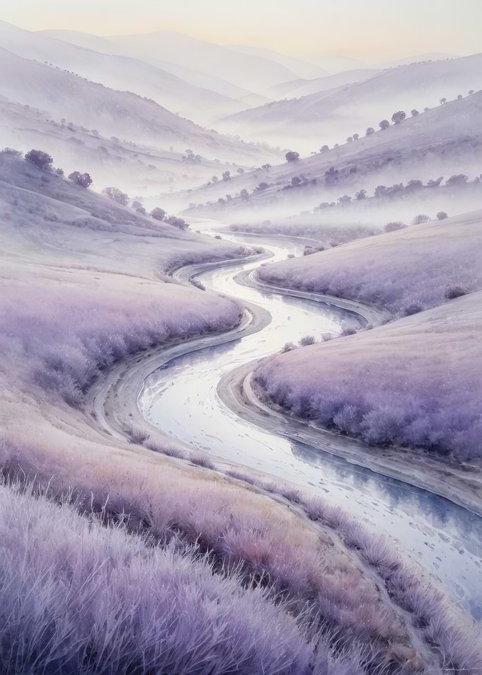 Lavender River — Misty Rolling Hills at Dawn