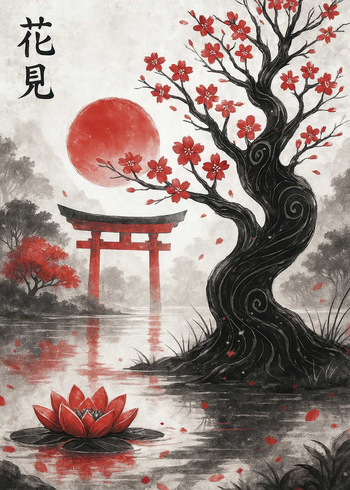Japanese Garden with Cherry Blossoms