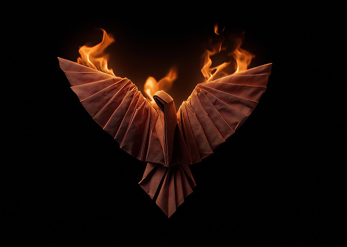 Origami Phoenix Rising in Flames