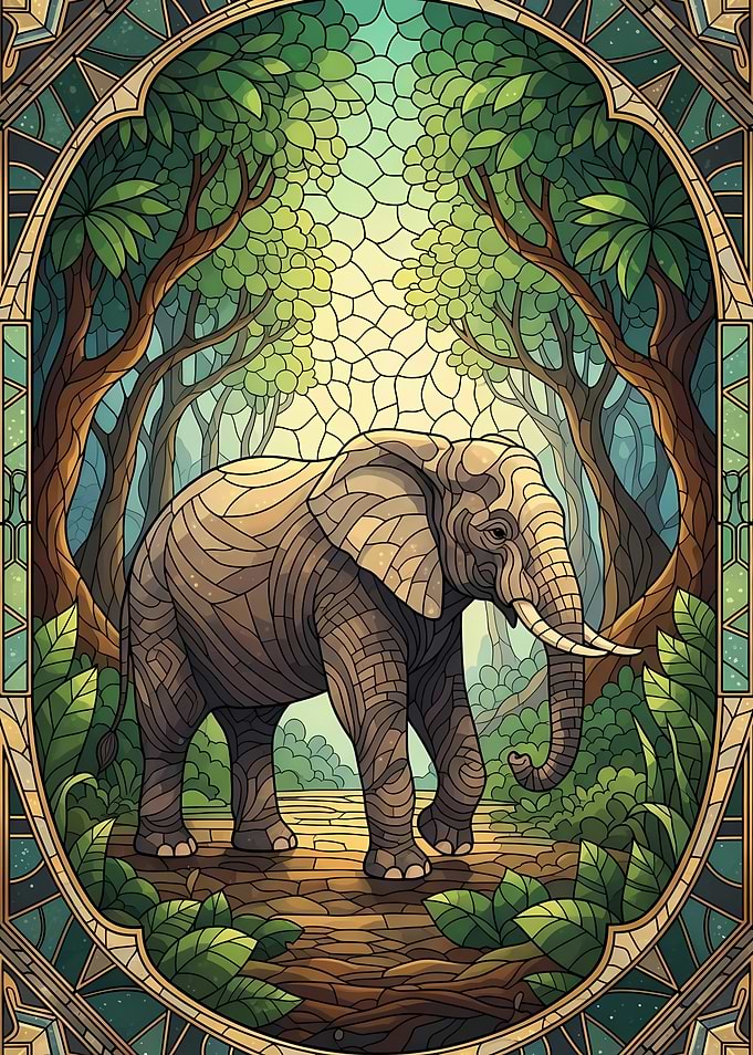 Elephant in Jungle Stained Glass Style
