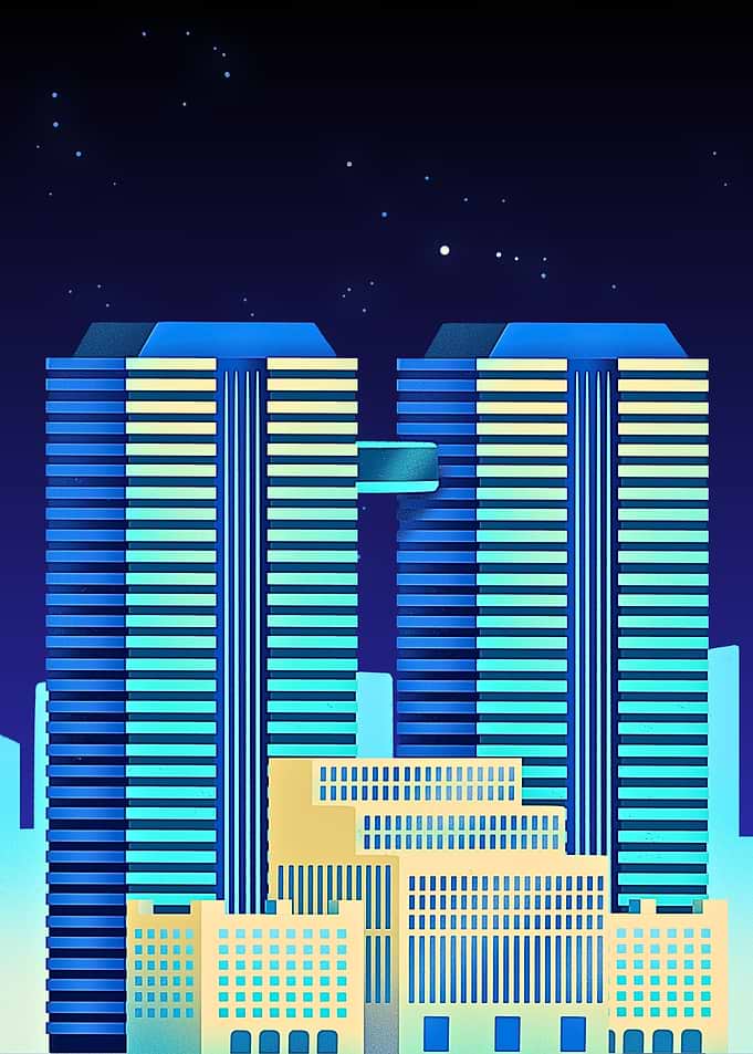 Cityscape at Night with Twin Towers
