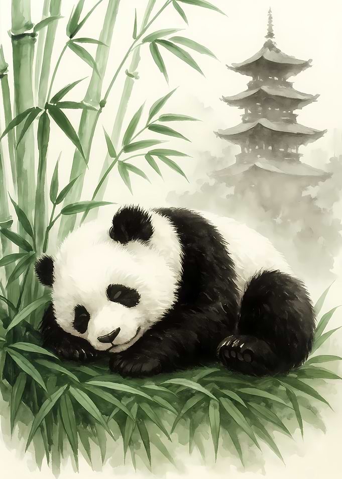 Sleeping Panda with Bamboo and Pagoda