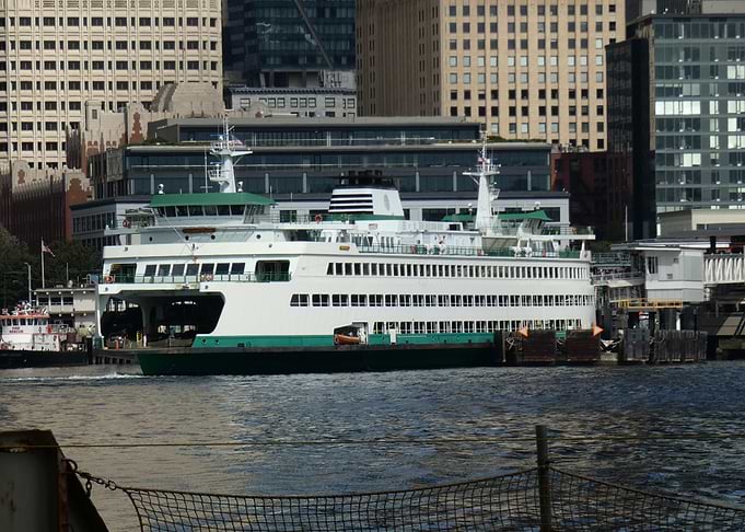 Ferry Boat in Urban Harbor Setting