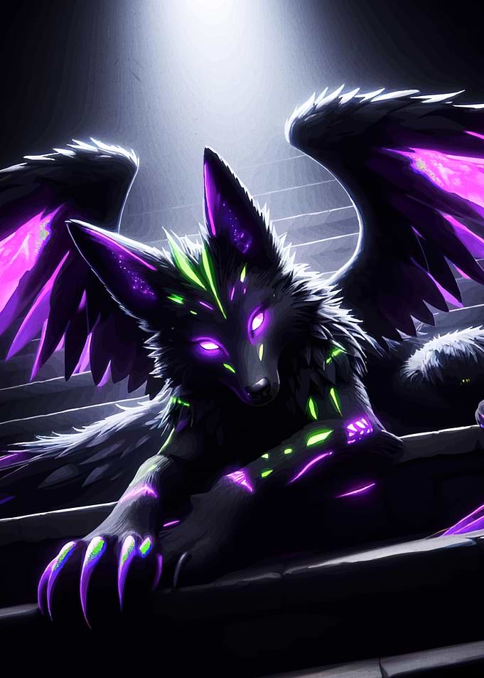 Winged Cyberpunk Wolf Stairs
