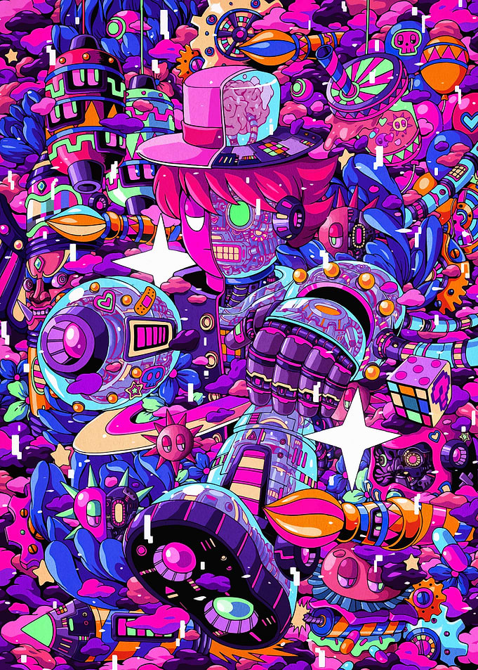 Cyberpunk Robot Character in Colorful Art