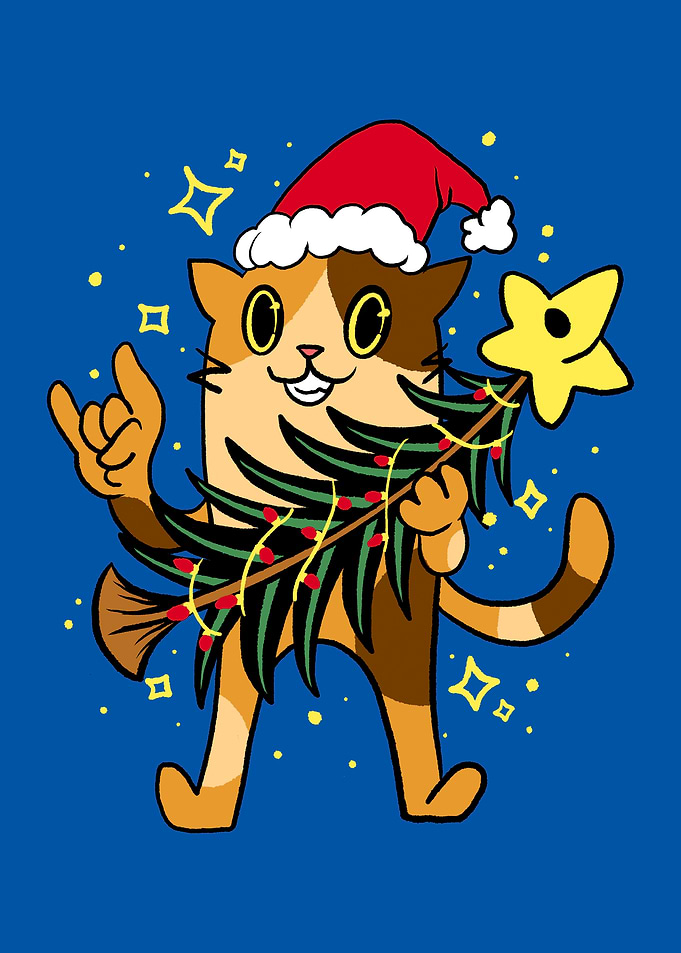 Christmas Cat with Tree and Sign