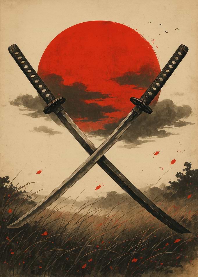 Crossed Katanas with Rising Sun