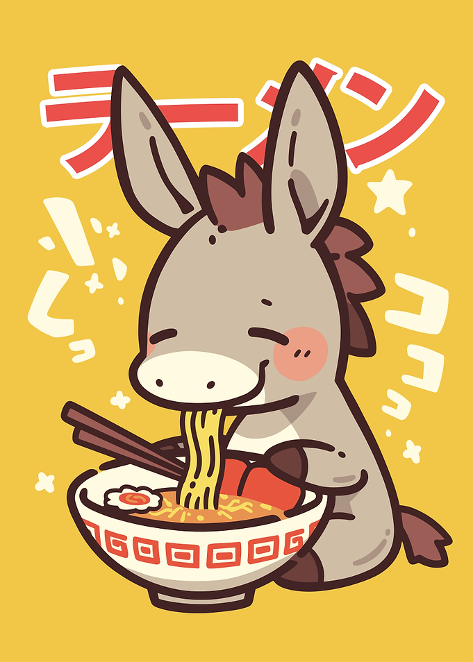 Donkey eating ramen cartoon illustration