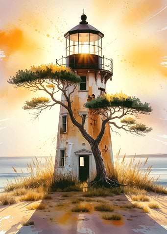 Watercolor Lighthouse at Sunset