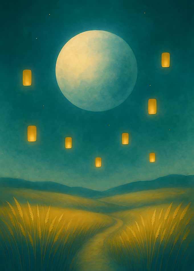 Night Sky Lanterns Over Field