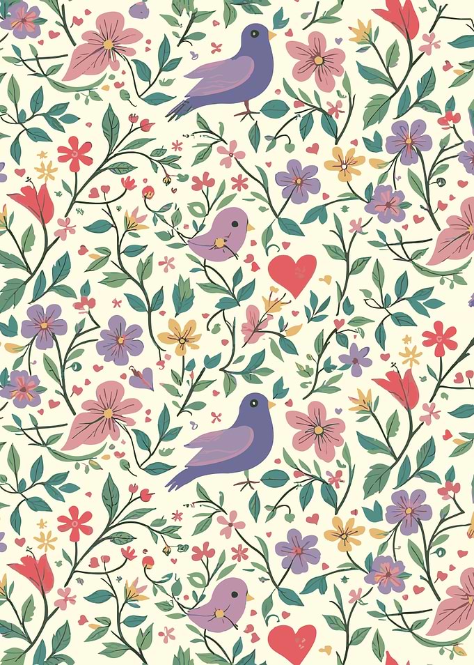 Flowers and birds - St. Valentines Day pattern
