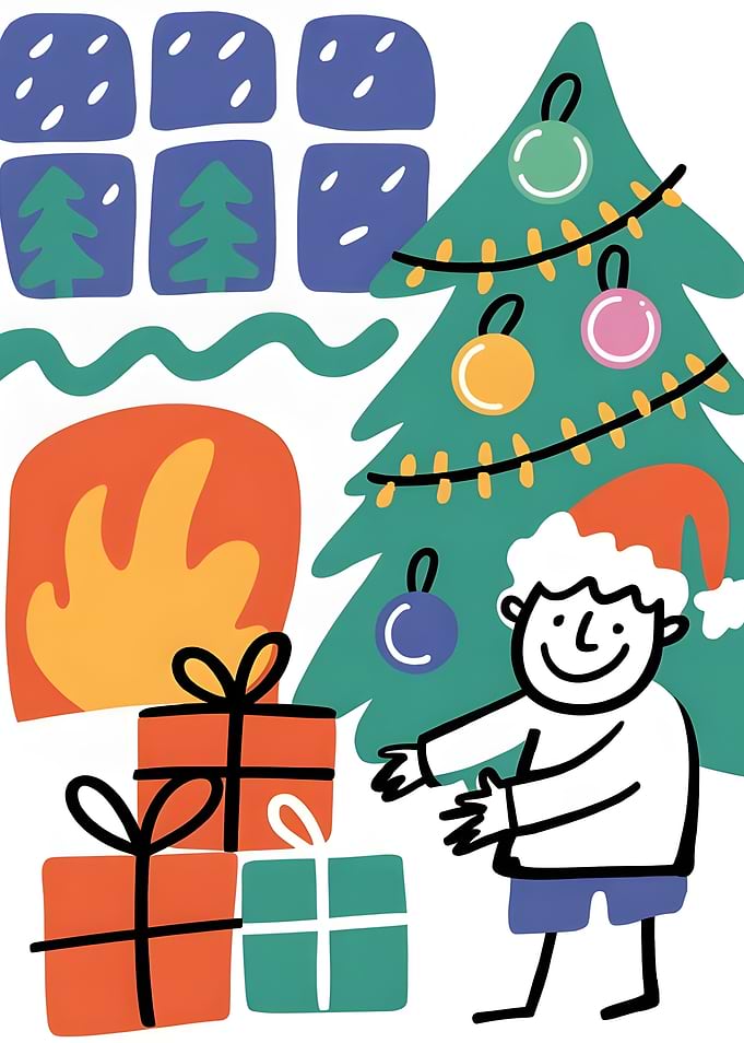Christmas Illustration with Boy and Gifts