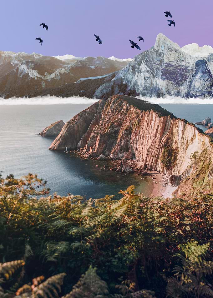 Coastal Mountain Landscape with Birds