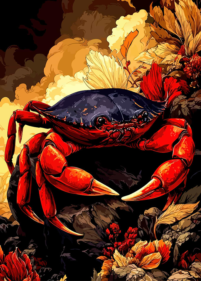Red Crab with Floral Background