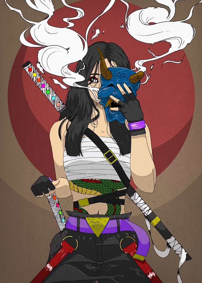 Female warrior with mask and swords