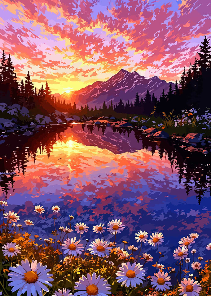 Sunset Mountain Lake with Daisies
