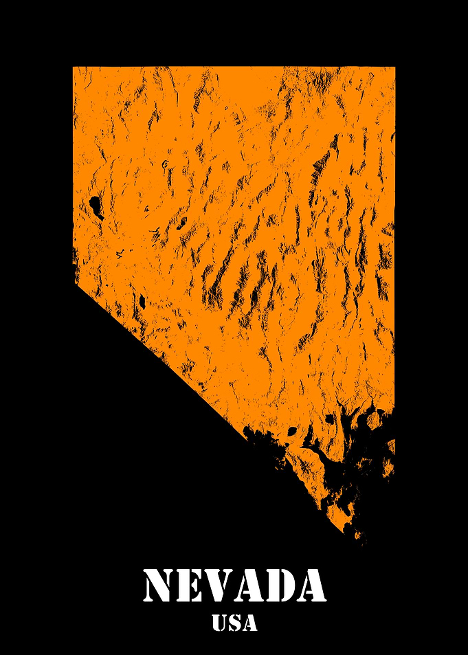 Nevada USA State Minimalist Black Orange Topographic Contour Relief Map featuring terrain in orange color