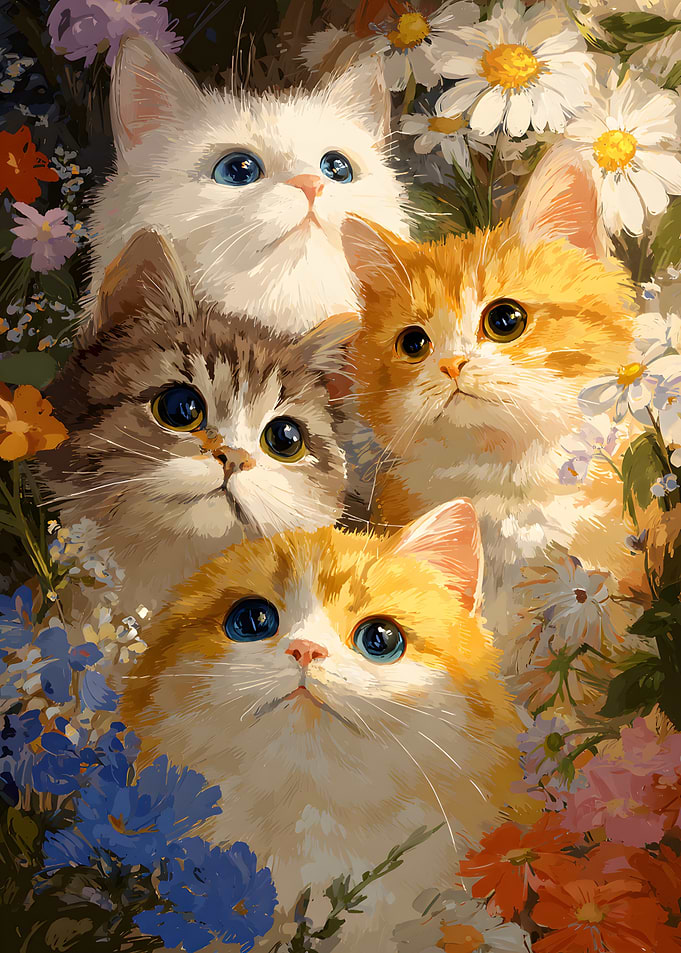 Four Cats in a Floral Garden