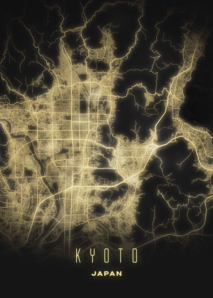 Kyoto, Japan - Glowing Night City Map Poster, Modern Street Wall Art