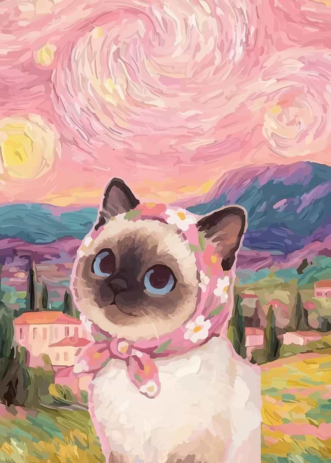 Cat with Babushka in Van Gogh Style