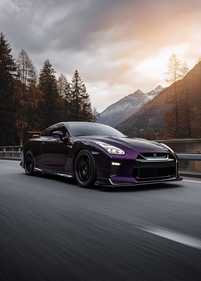 Purple Nissan GT-R on Mountain Road
