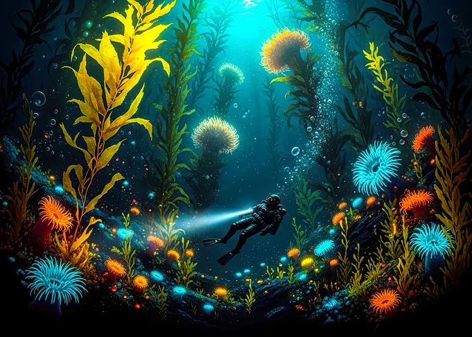 Underwater Scuba Diver with Kelp Forest